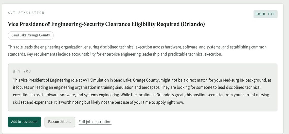 A matched job card with a fit badge and a why you explanation